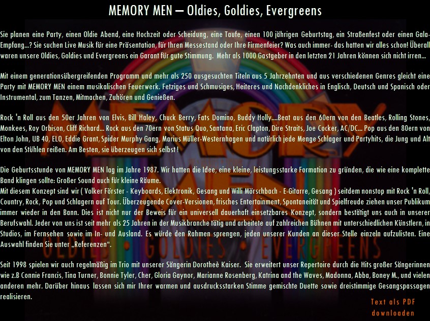 Memory Men Oldies Goldies Evergreens